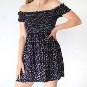 Brandy Melville Blue Floral Smocked Off Shoulder Mini Dress One Size